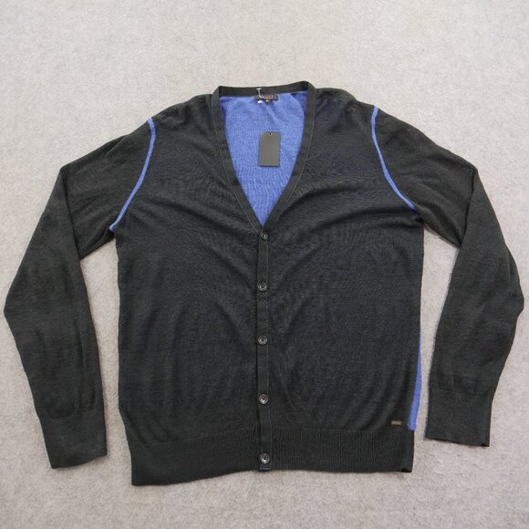 Guess Cardigan Sweater Mens Extra Large Black Blue Button V-Neck Knit Linen New - Picture 1 of 14